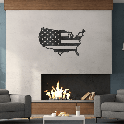 a living room with a fire place and american flag wall decal