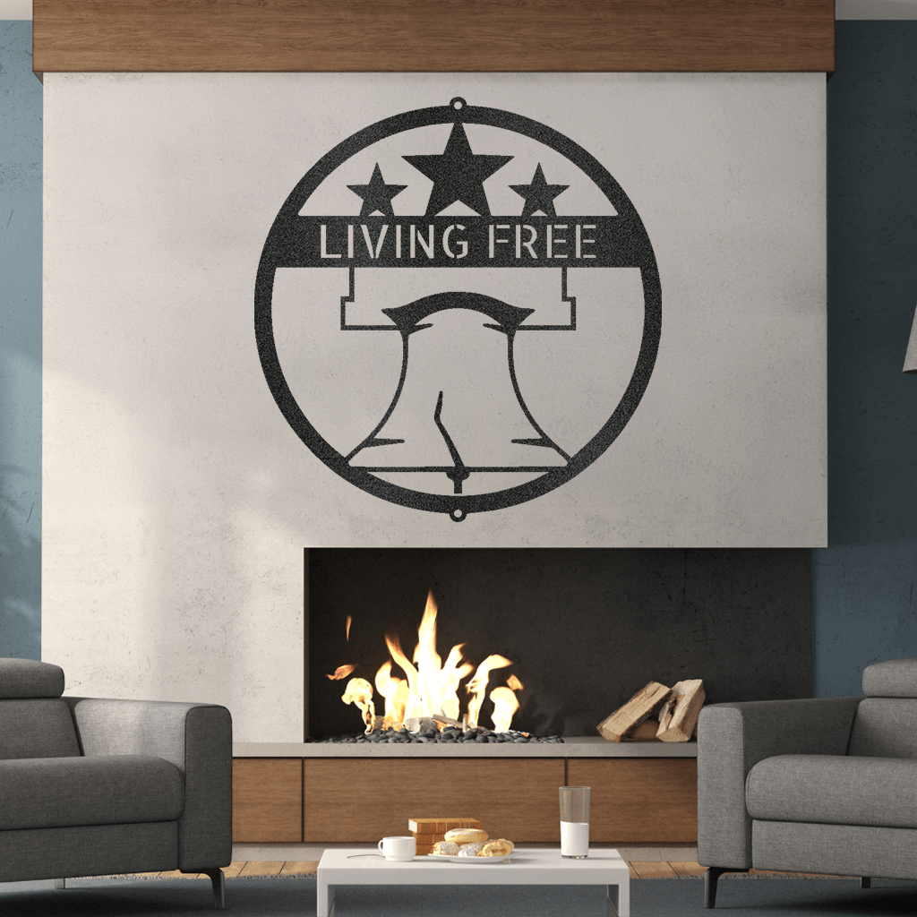 a living room with a fireplace and a living free sign on the wall