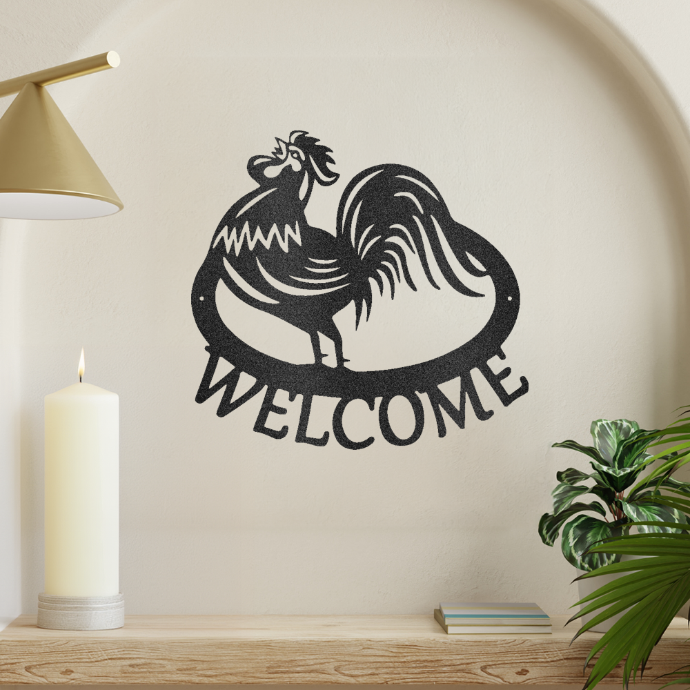 Welcome Rooster Metal Wall Art Monogram