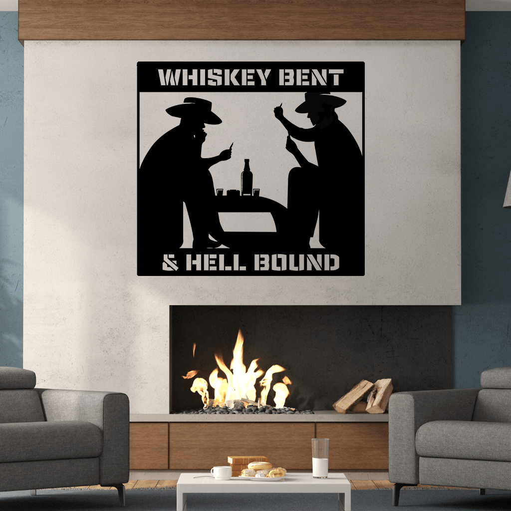 a living room with a fire place and a poster on the wall