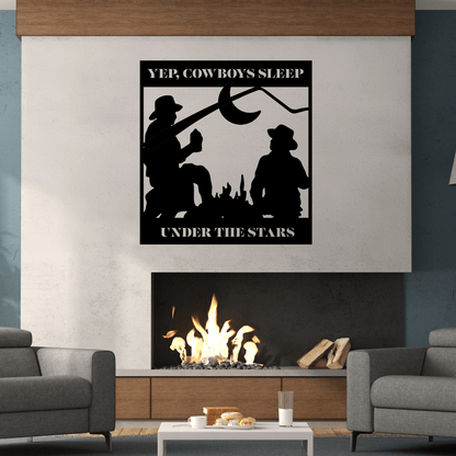 a living room with a fire place and a poster on the wall