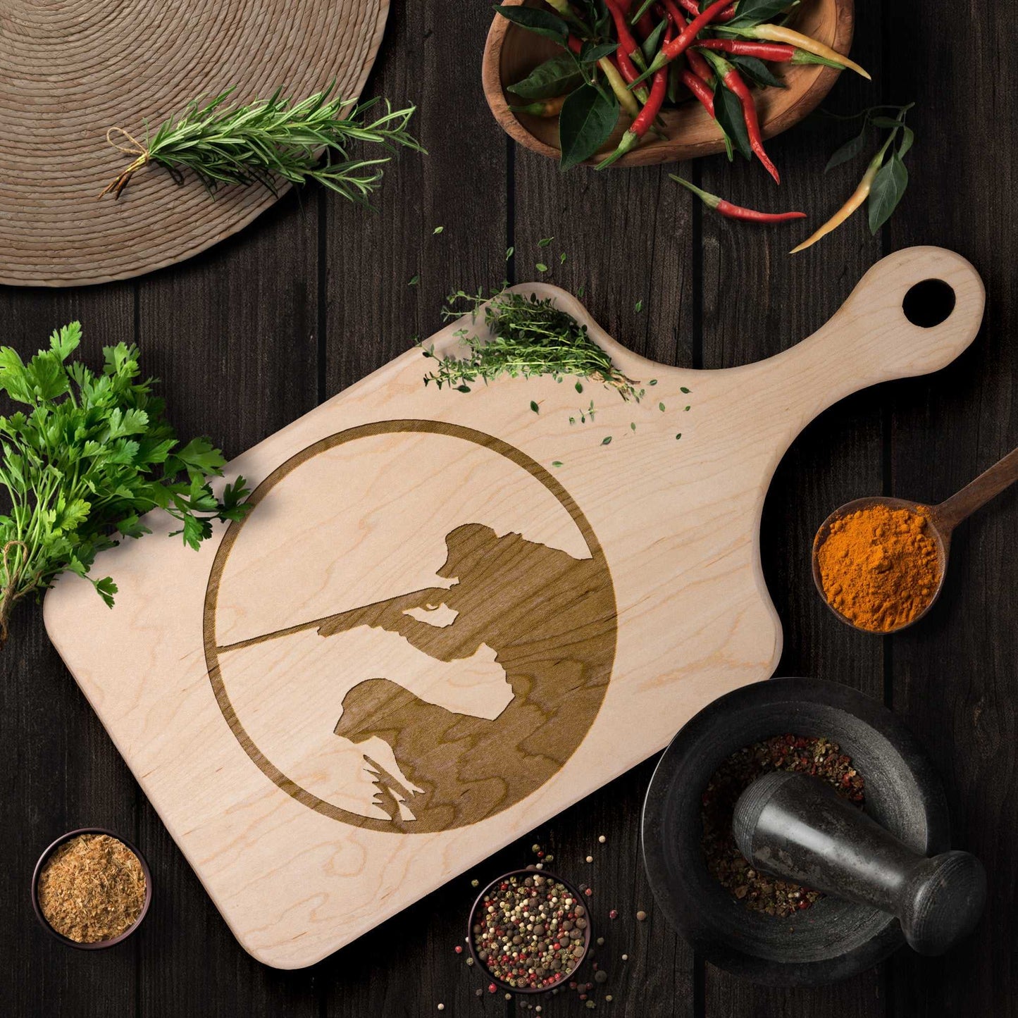 Hunter with Dog Hardwood Paddle Cutting Board