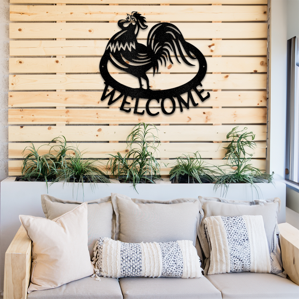 Welcome Rooster Metal Wall Art Monogram